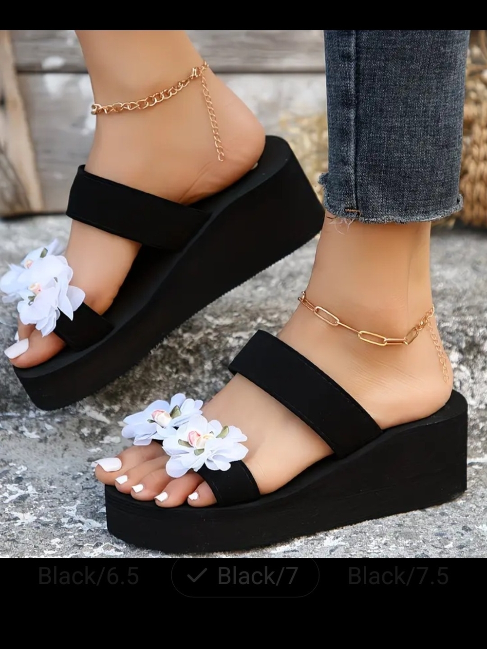 Women's Black Platform Slide Sandals with White Floral Accent CN 39 (US7)
